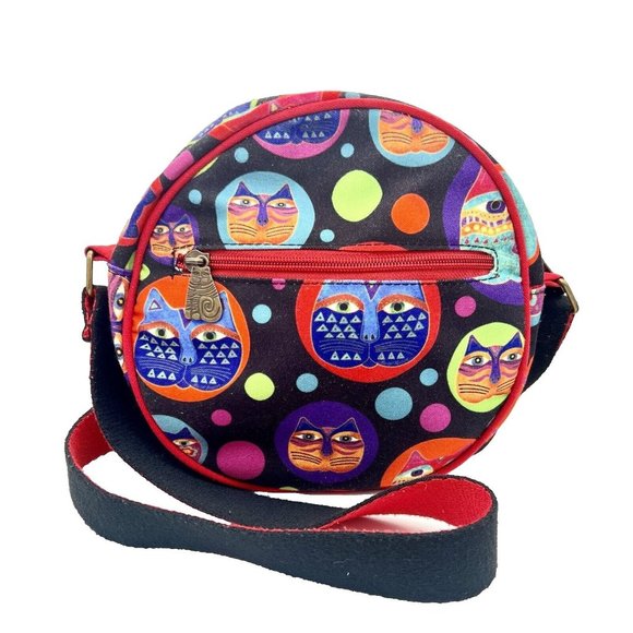Laurel Burch Feline Faces Round Crossbody Purse Bag Cats Kitty Multicolored - Picture 6 of 10